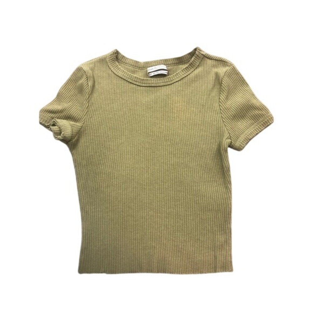 Urban‎ Outfitters Ribbed Knit Crop Top Tee Olive Green Raw Hem Casual Womens S